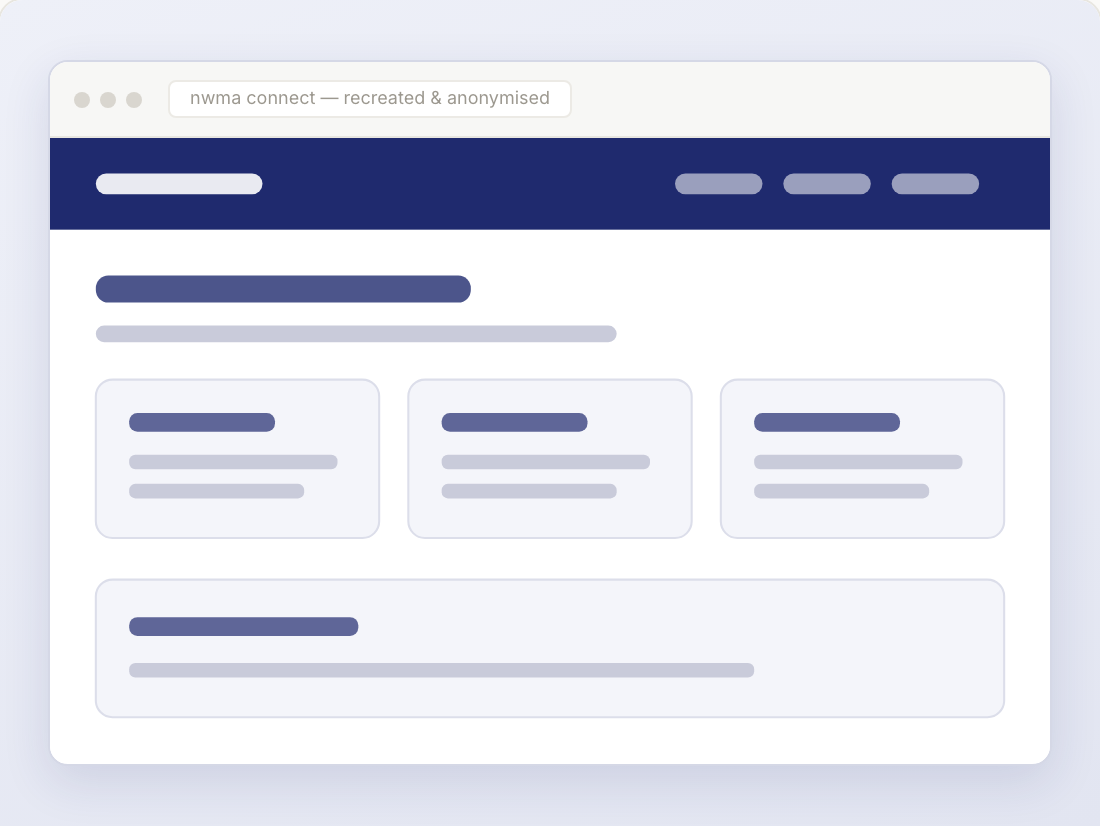 Recreated, anonymised layout of the redesigned NWMA Connect intranet homepage
