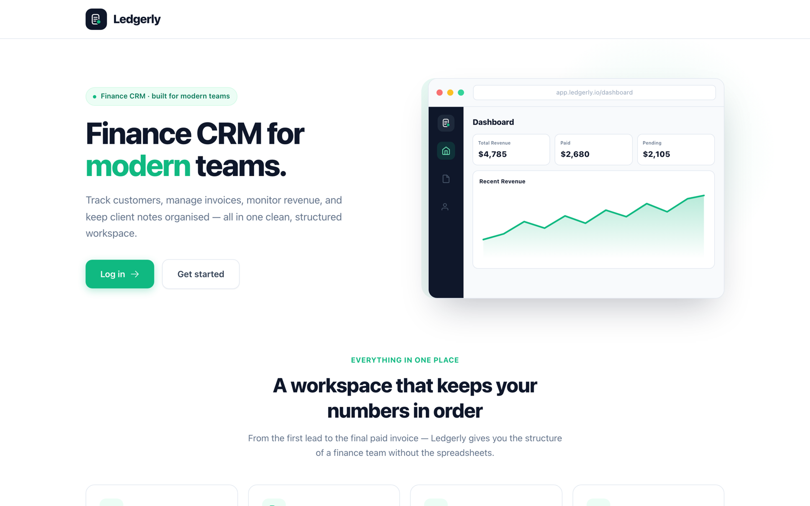 Ledgerly landing page showing the finance CRM dashboard with revenue tracking
