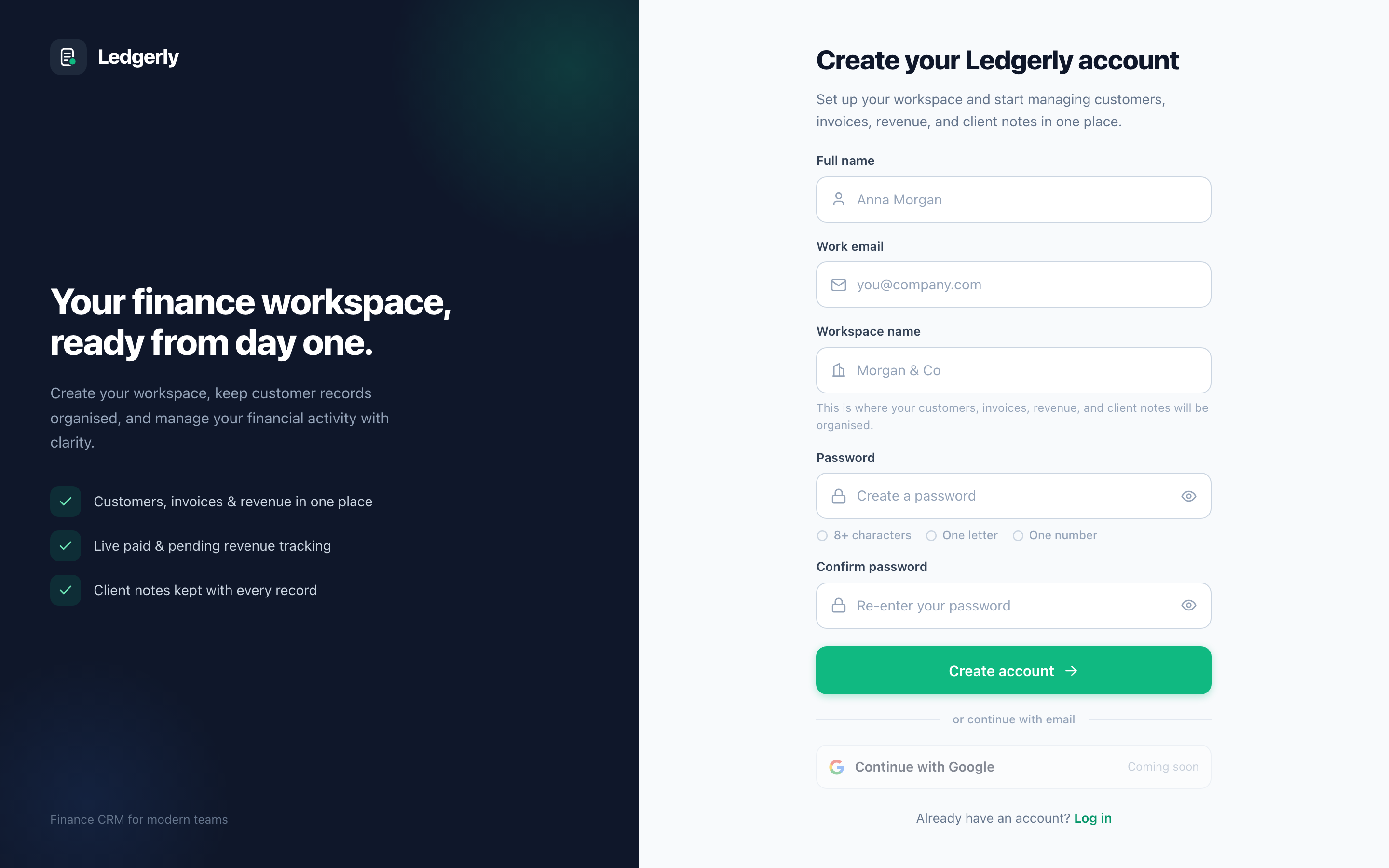 Ledgerly account registration screen