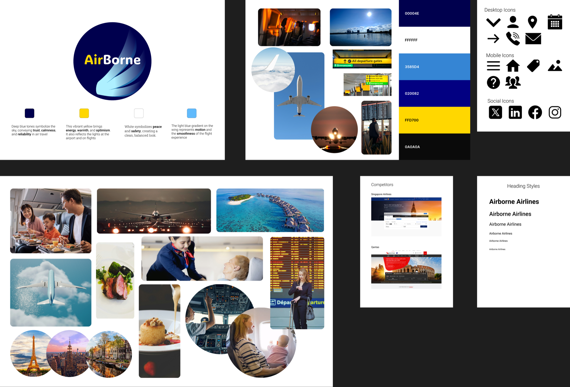 AirBorne mood board establishing the visual identity: imagery, colour palette and typography