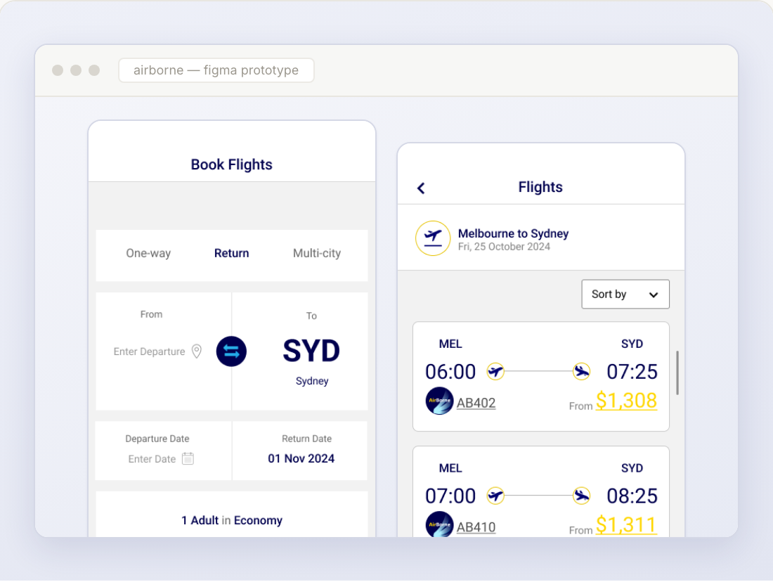 AirBorne mobile app flight search and available flights screens