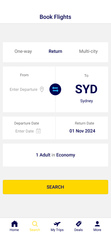 Flight search screen with trip type, locations, dates and passengers