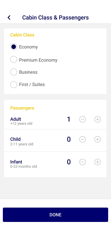 Cabin class and passenger selection screen