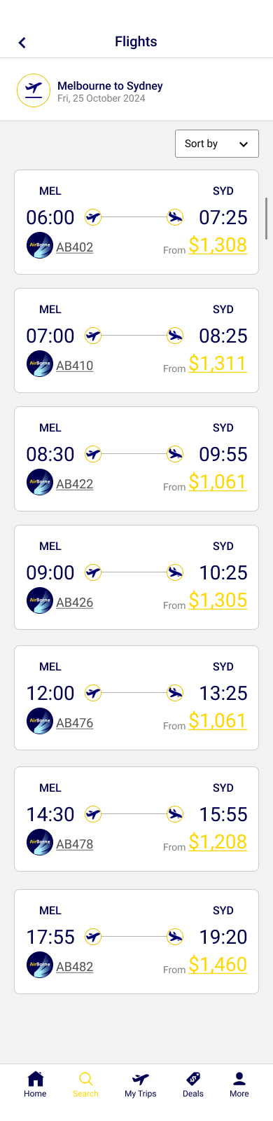 Available flights list with flight cards
