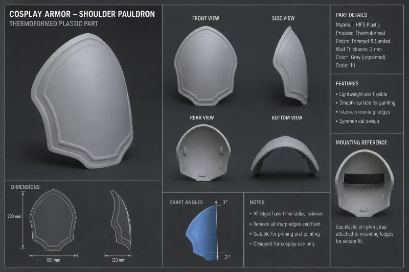 Thermoformed shoulder armor for cosplay costume production