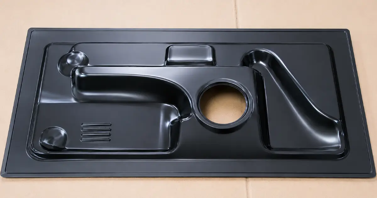 Custom vacuum formed plastic panel with smooth contours and untrimmed thermoforming flange