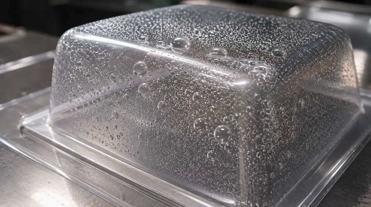 Thermoforming defect with internal bubbles and blistering in a clear plastic vacuum formed component