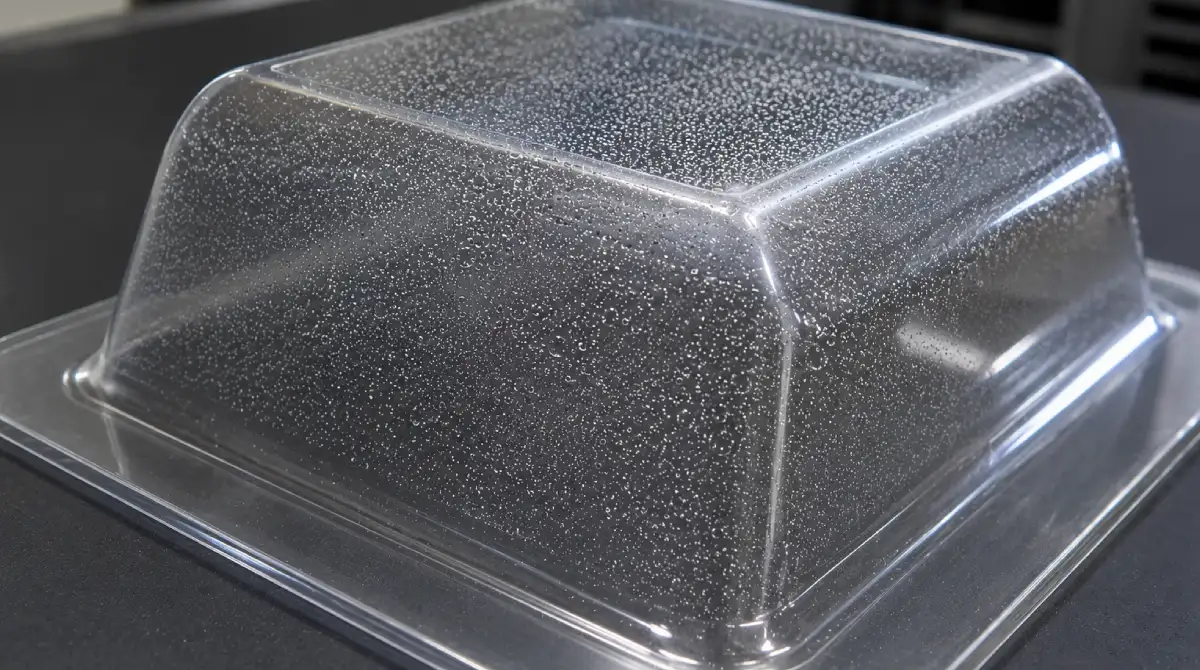 Microbubble defect in a vacuum formed plastic component resulting from thermal breakdown of the material
