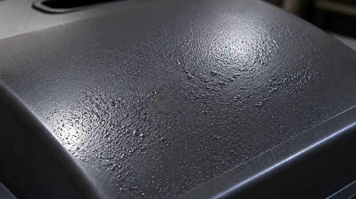 Pitted and heavily textured thermoformed plastic surface resulting from excessive sheet temperature