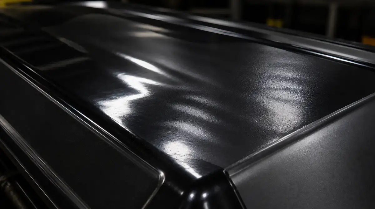 Surface gloss variation defect in a vacuum formed plastic part with distorted reflections and waviness