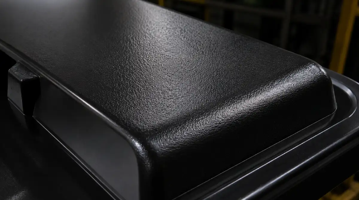 Orange peel texture defect on a thermoformed plastic part caused by excessive heat soak during forming