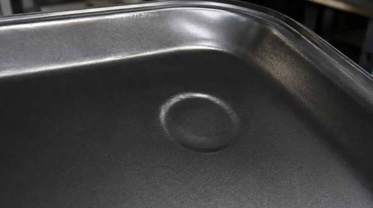 Thermoforming troubleshooting — plug assist contact mark on overheated HIPS sheet surface