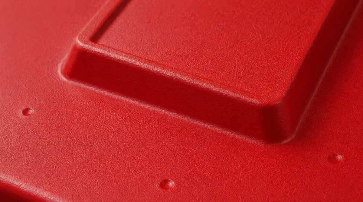 Close-up of vent hole nipple defects on dark thermoformed HIPS panel in industrial setting