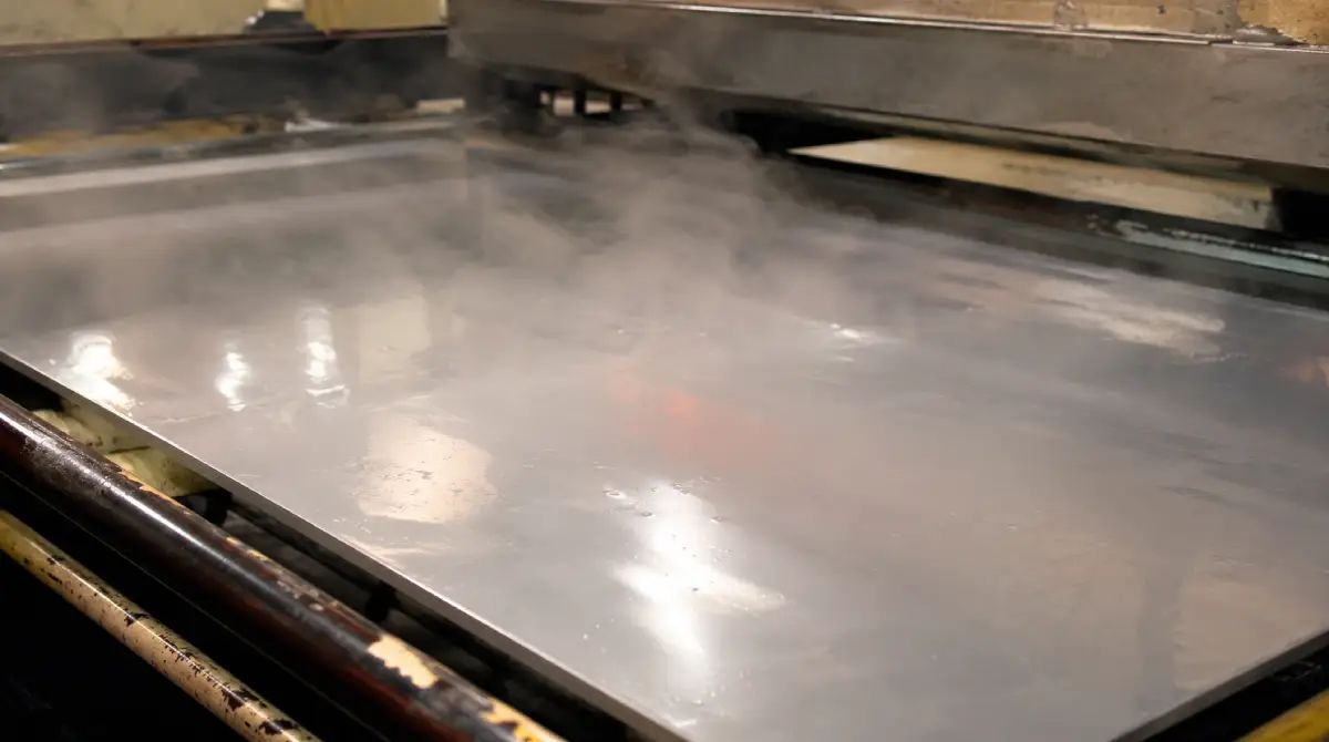 Styrenic plastic sheet showing surface discolouration and fume emission from excessive oven temperature in vacuum forming process