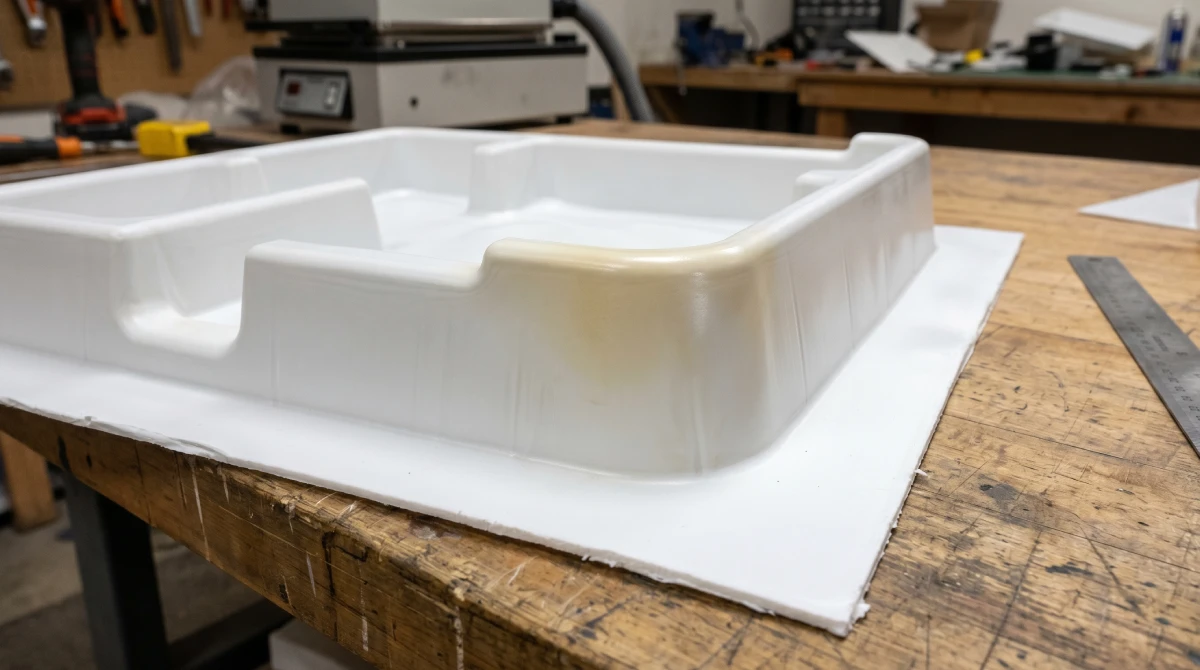 HIPS panel with uneven colour loss and yellow-brown thermal discolouration caused by overheating during vacuum forming cycle