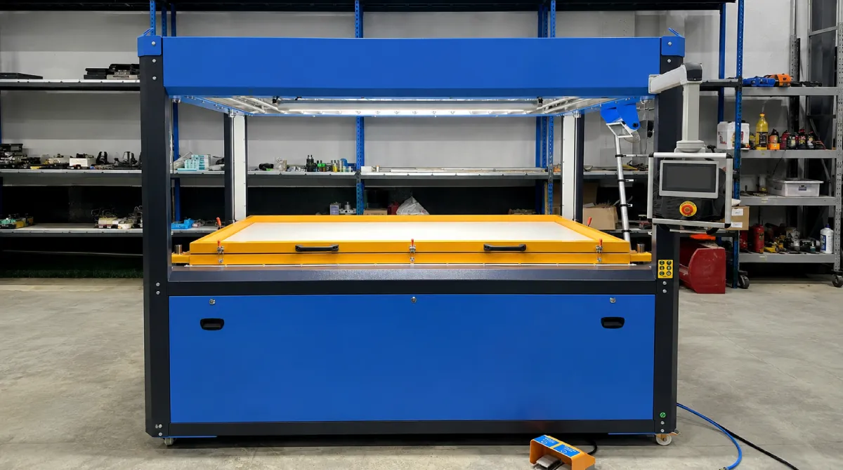 THERMOFORA TRP-1200x2100 large-format vacuum forming machine with 1200×2100 mm forming table and Flexem HMI touchscreen on swing arm