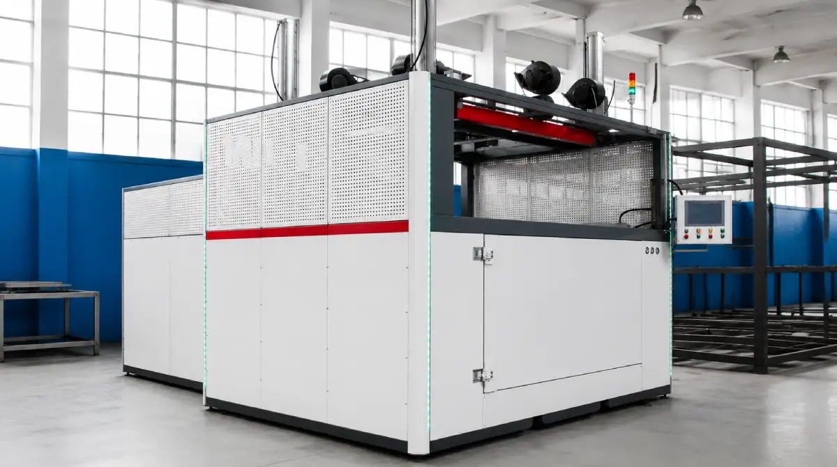 Industrial vacuum forming machine with heating platen and clamping frame for thermoforming plastic sheet