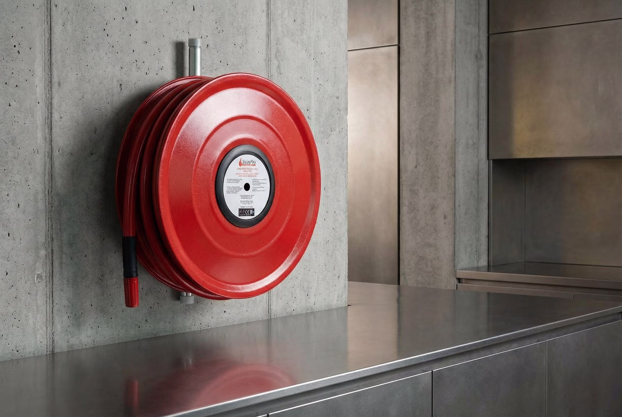 Porte coupe-feu grise avec un panneau de sortie de secours vert et une barre anti-panique dans un mur en béton.