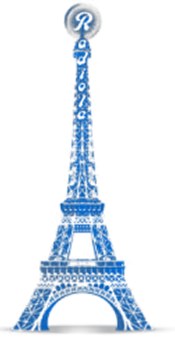 Silhouette bleue stylisée de la tour Eiffel avec un effet de points lumineux.