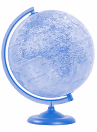 Globe terrestre bleu sur un support circulaire.