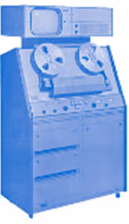 Lecteur enregistreur à bandes magnétiques vintage avec deux bobines visibles sur un boîtier bleu.