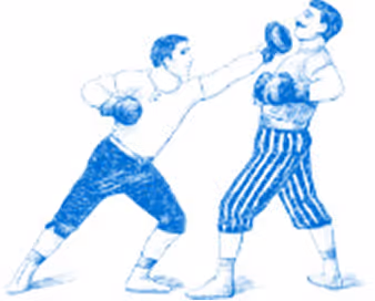 Illustration en bleu de deux boxeurs, l'un donnant un coup de poing à l'autre qui recule.