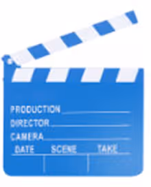 Planche de clap de cinéma bleue avec des sections pour production, réalisateur, caméra, date, scène et prise.