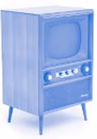 Téléviseur vintage en bois avec écran cathodique, boutons de réglage et pieds inclinés.