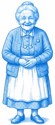 Dessin au trait bleu d'une vieille femme souriante portant un pull en tricot, un tablier et des chaussures plates.