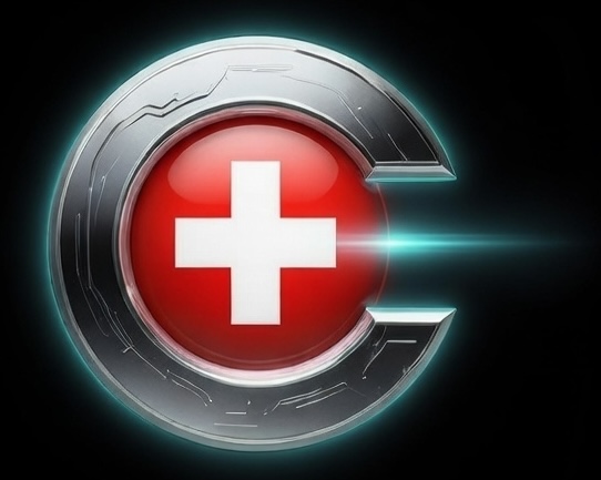 Metallic letter C encircling a red circle with a white Swiss cross inside, emitting a horizontal blue light beam on a dark background.