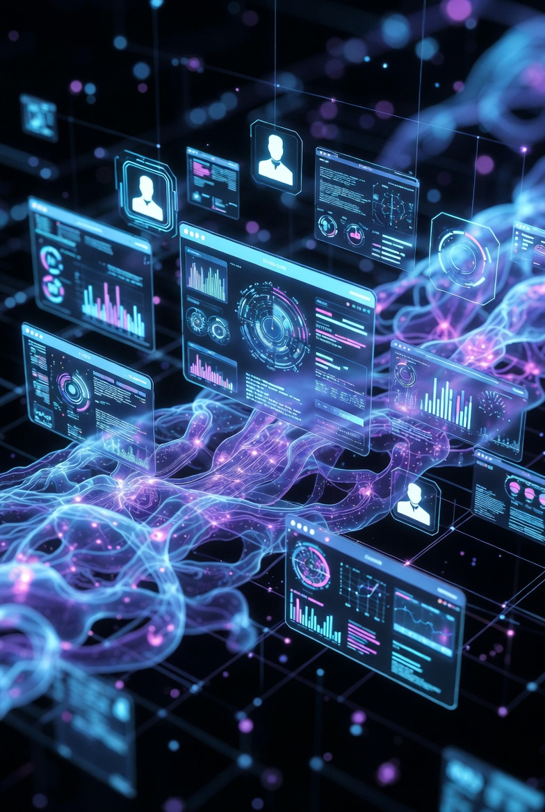 Abstract network of connected nodes representing unified customer data