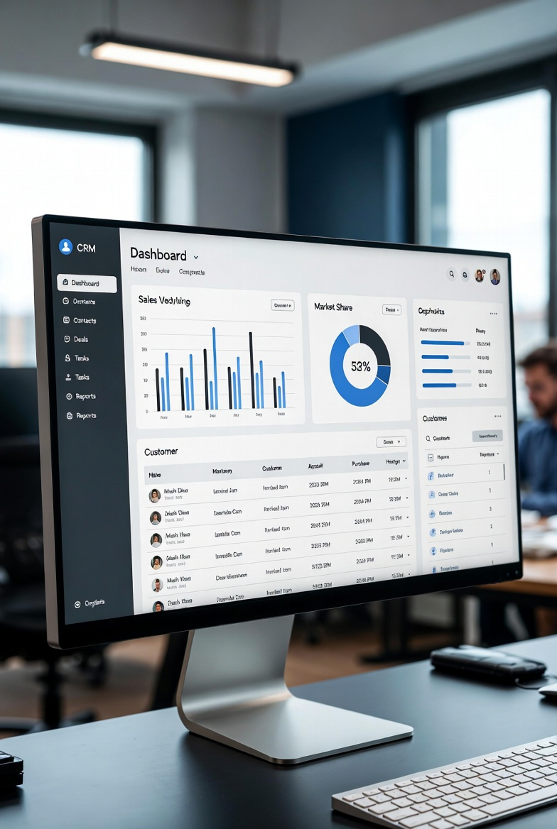 Modern workspace with dashboards and technology, representing CRM operating model design