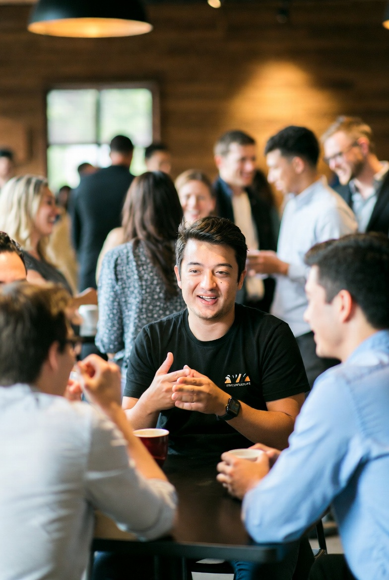 People smiling and talking in a casual meeting