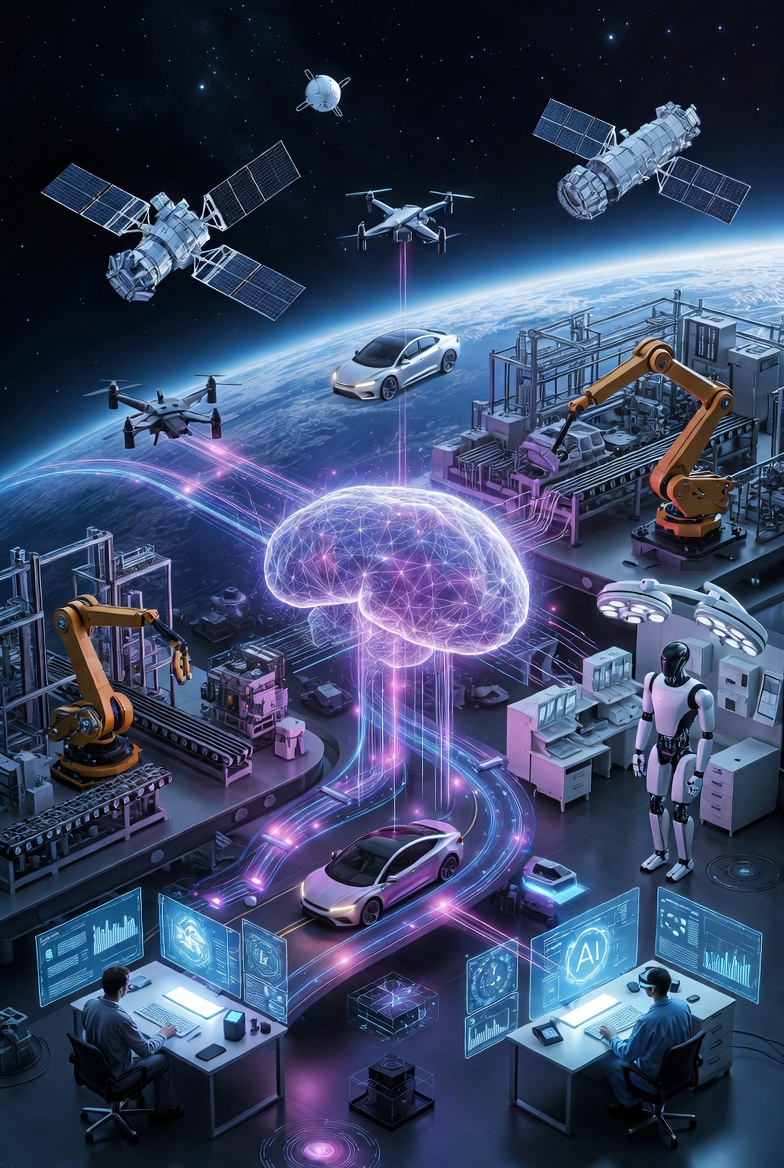 Futuristic AI network visualization representing applied intelligence across systems and operations