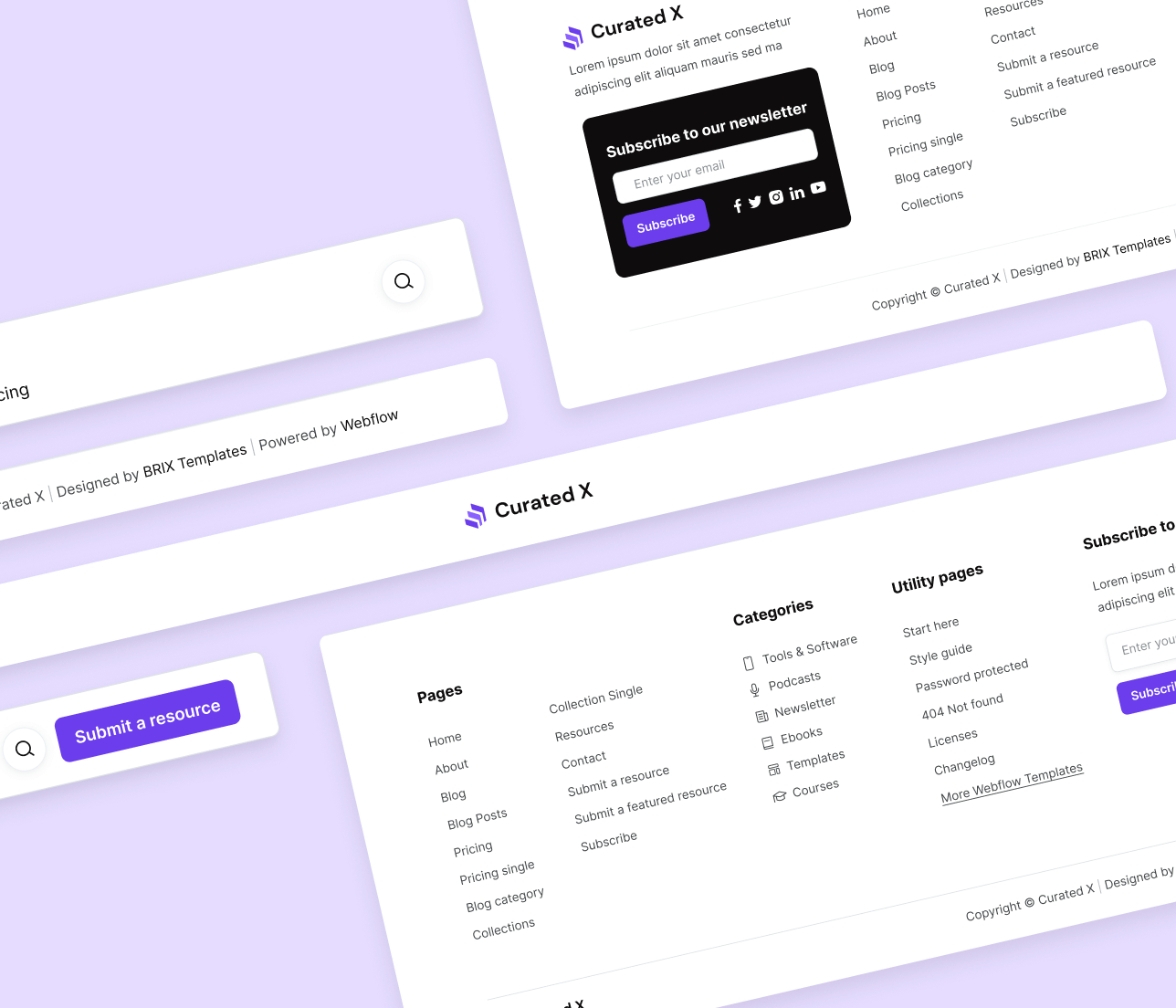 Curated X - 3 Headers And Footers Curation Website Webflow Template