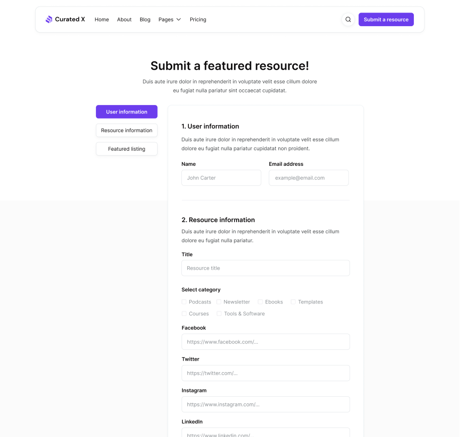 Curated X - Submit A Featured Resource Page - Curation Website Webflow Template