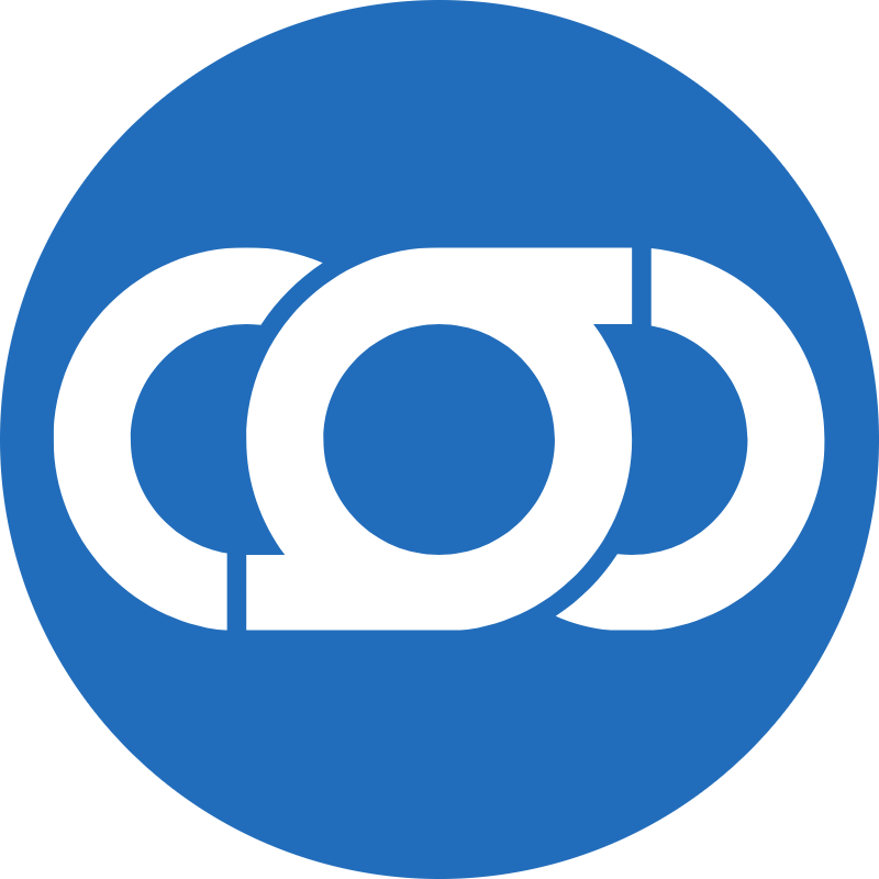 Blue circular logo with white abstract geometric design elements and patterns