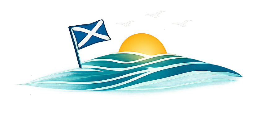 Scottish flag on stylized ocean waves with golden sunset and birds