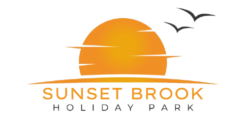 Sunset Brook Holiday Park logo with orange sun, birds, and curved horizon lines