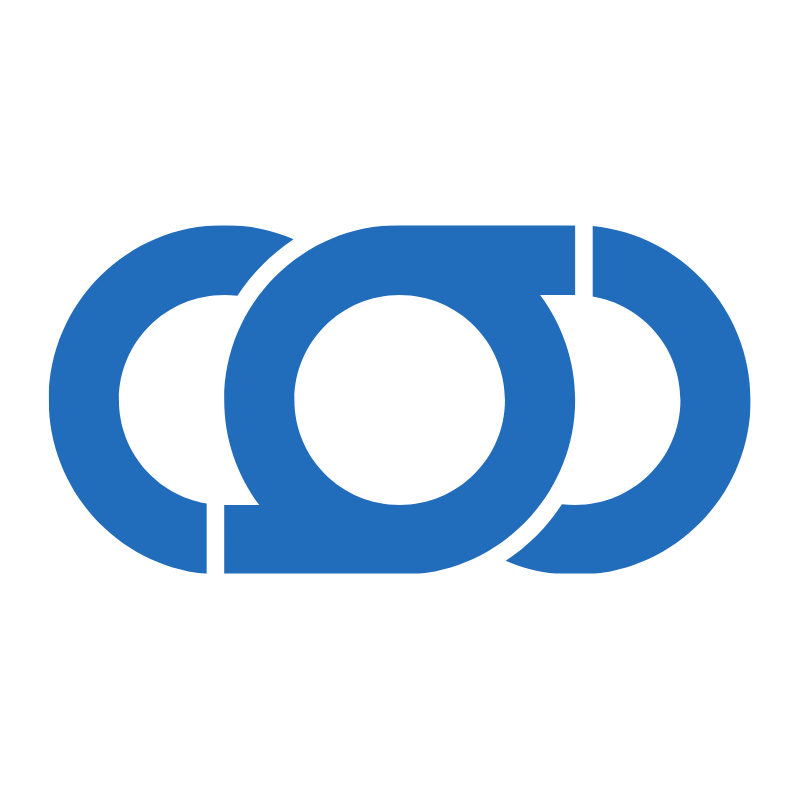 Blue abstract logo with interlocking circular and geometric shapes design