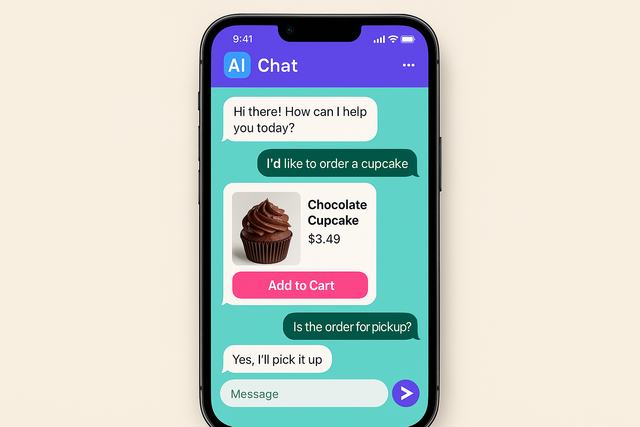 AI-powered chatbot interface displaying agentic commerce features for small businesses