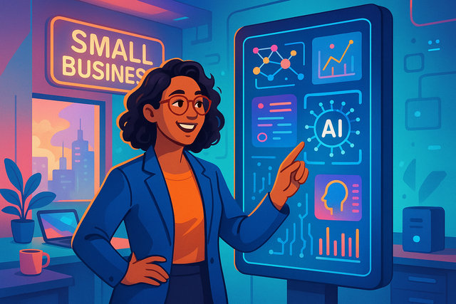 AI-powered no-code website builder for small businesses in a futuristic office setting