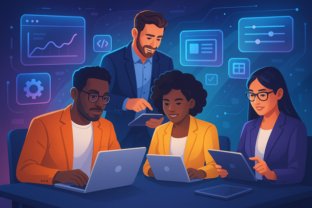 Entrepreneurs using no-code mobile app development tools for SMEs