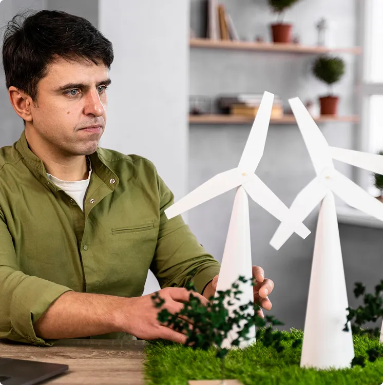 Man in green shirt examining white wind turbine models placed on a table with green grass and small plants.
