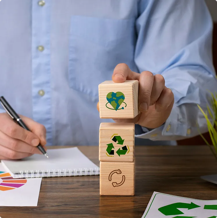 Person stacking wooden blocks with eco-friendly symbols: a heart-shaped Earth, recycling arrows, and a circular arrow icon on a desk with notes.