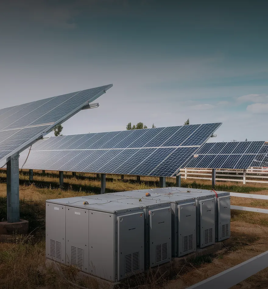 Rows of solar panels installed outdoors with electrical inverter units in the foreground.