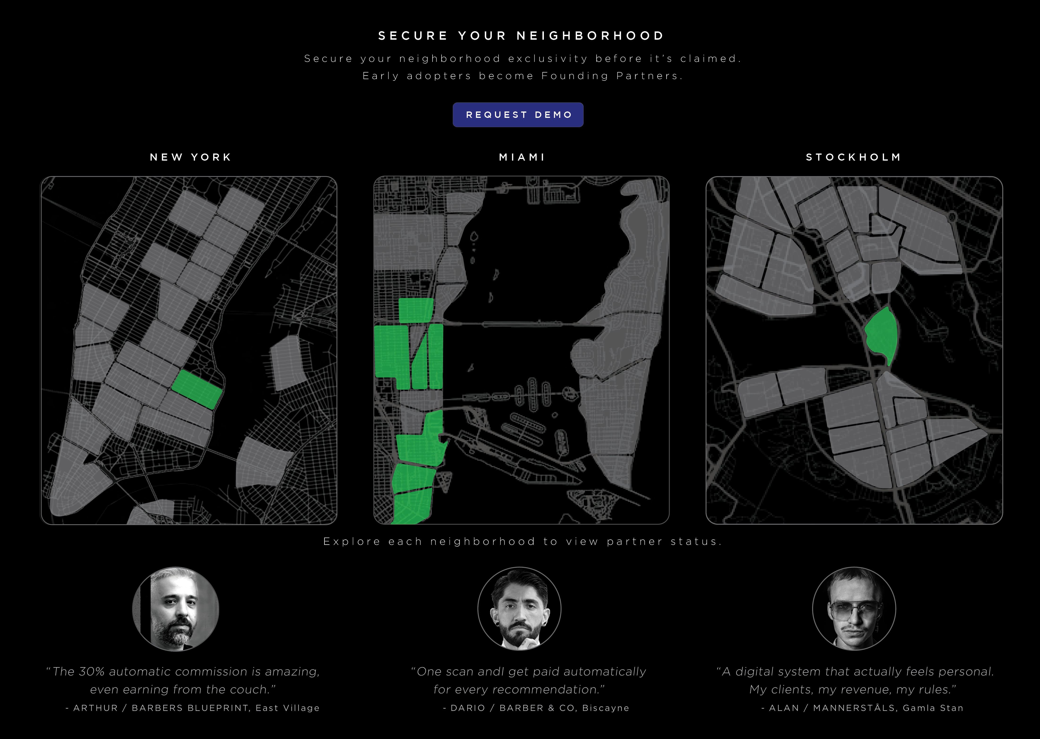 Maps of New York, Miami, and Stockholm neighborhoods with select areas highlighted in green indicating exclusivity status.