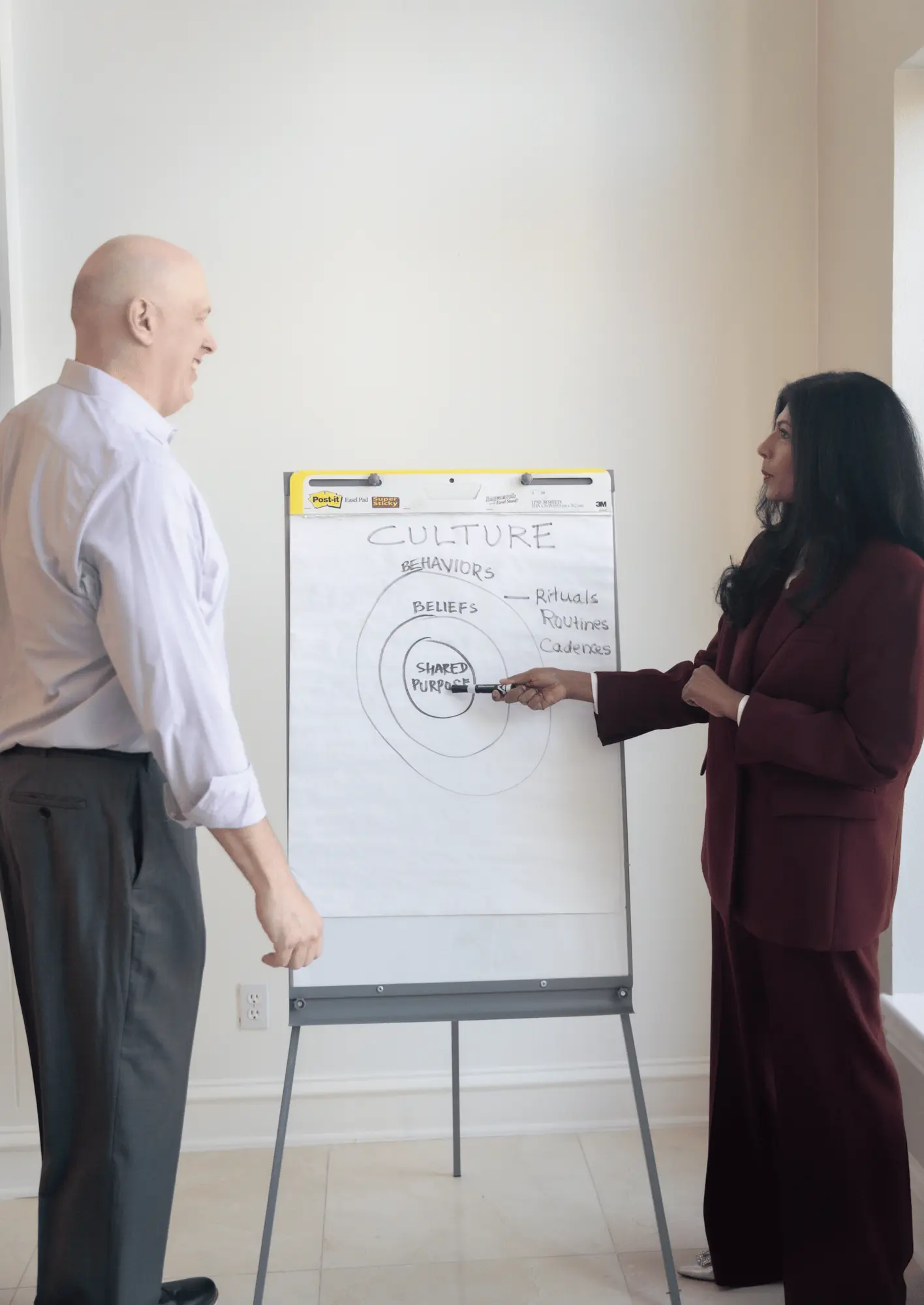 Sandhya and Matthew Johnson discussing an organizational strategy framework.