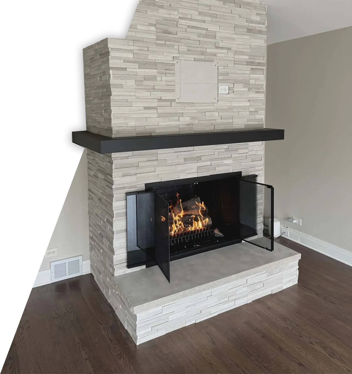 Image of fireplace with glass doors open