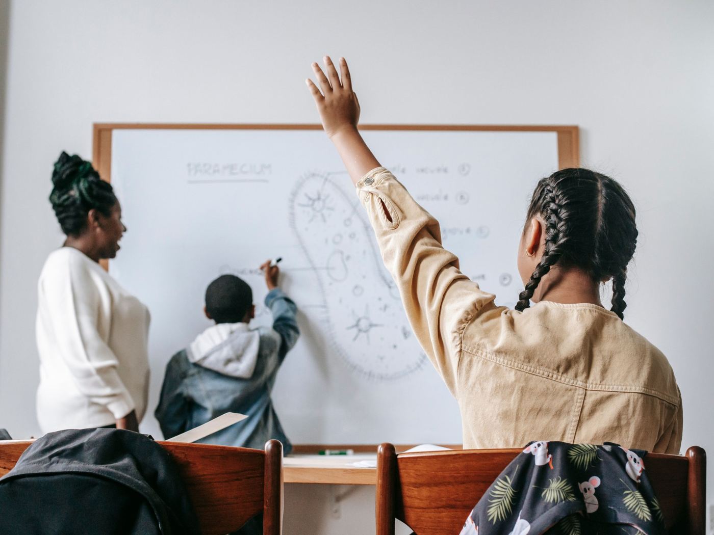 A teacher and students in a science class, one student at the whiteboard and another raising her hand
